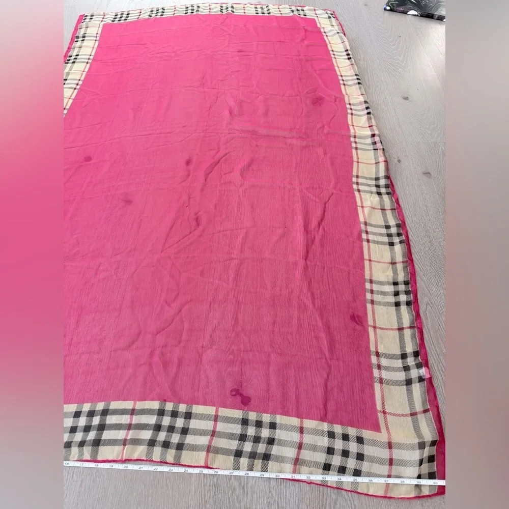 Pink Boho Vintage Sheer Scarf or Beach Wrap Shawl Cover up with Plaid Trim 67*42